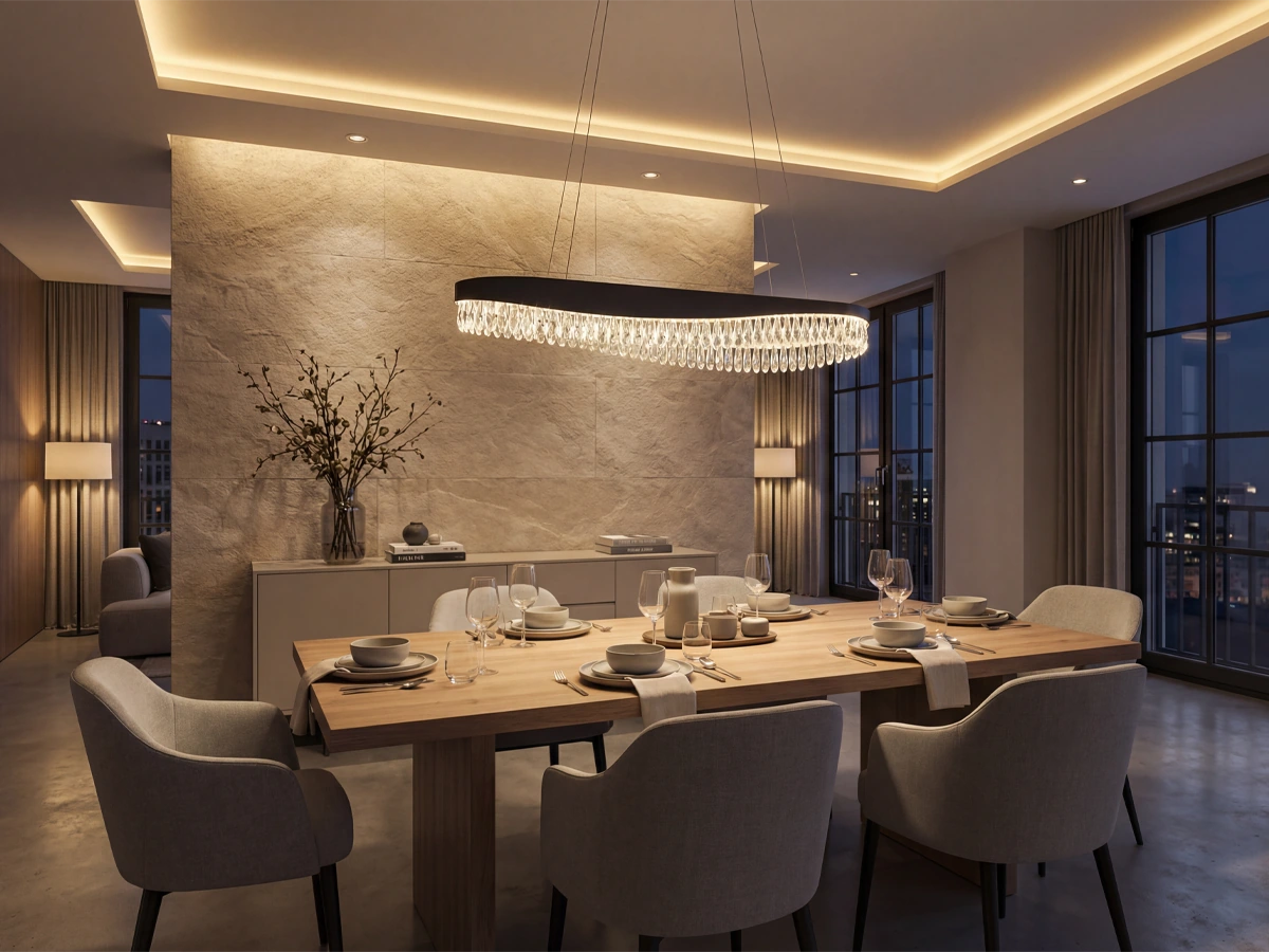 Lampade con dettagli in cristallo e finitura a contrasto, che conferiscono allo spazio un effetto visivo distintivo.