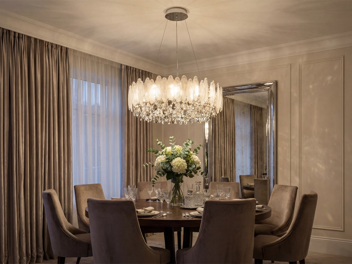 Illuminazione con dettagli ricchi ed elementi in cristallo, che valorizza l’eleganza e l’atmosfera dell’interno.